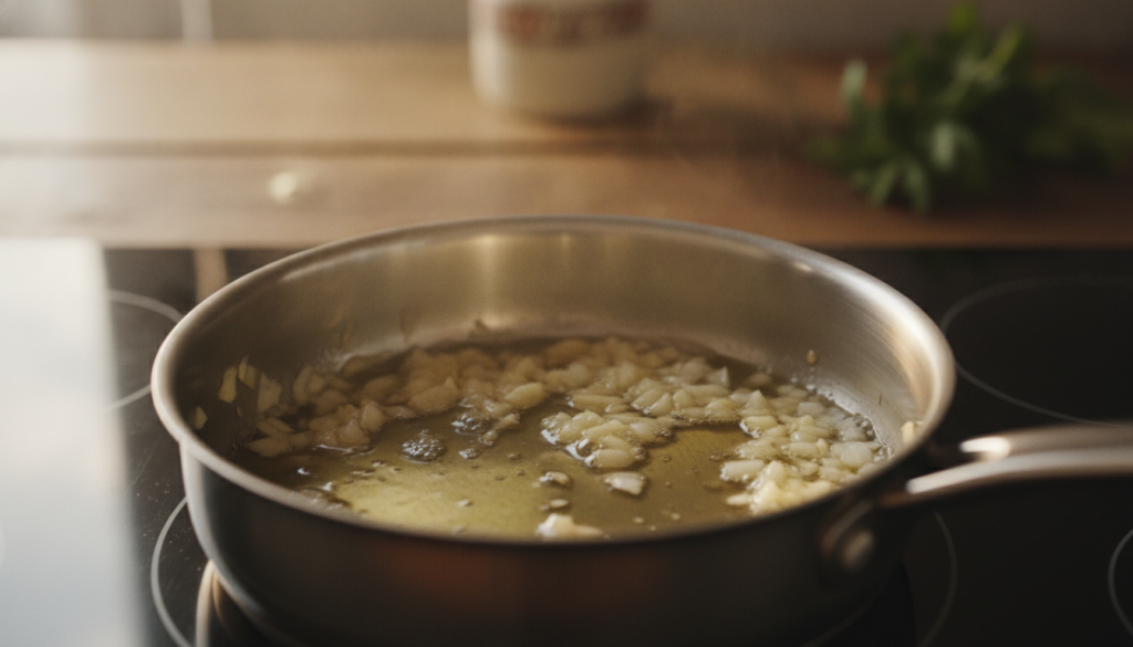 A close-up shot of chopped garlic and onion gently simmering in a pan with carrier oil over low heat showing the oil inf