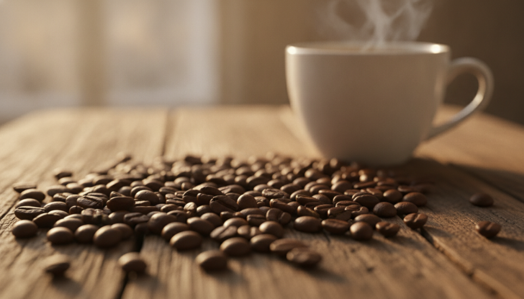 Close-up of fresh dark roasted coffee beans scattered on a rustic wooden surface with steam rising from a cup of freshly