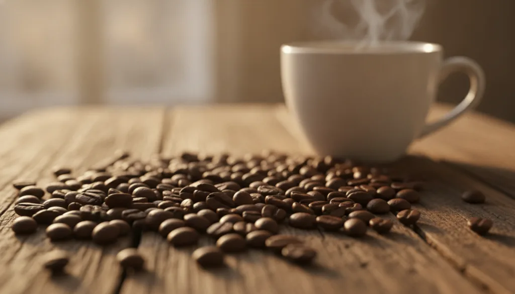 Close-up of fresh dark roasted coffee beans scattered on a rustic wooden surface with steam rising from a cup of freshly