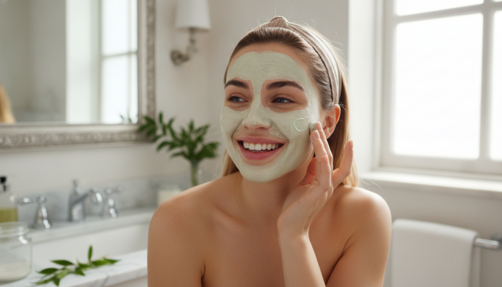 A woman with glowing healthy skin applying a DIY face mask to her cheek with her fingertips smiling gently in a well-lit
