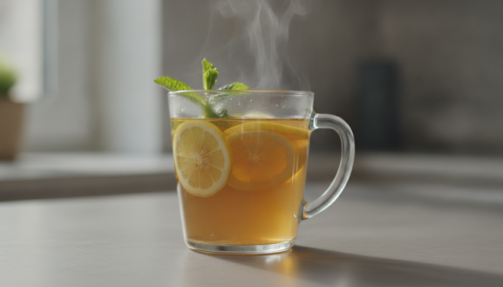 A clear glass mug of steaming ginger lemon tea with slices of fresh lemon and thin ginger pieces visible garnished with 