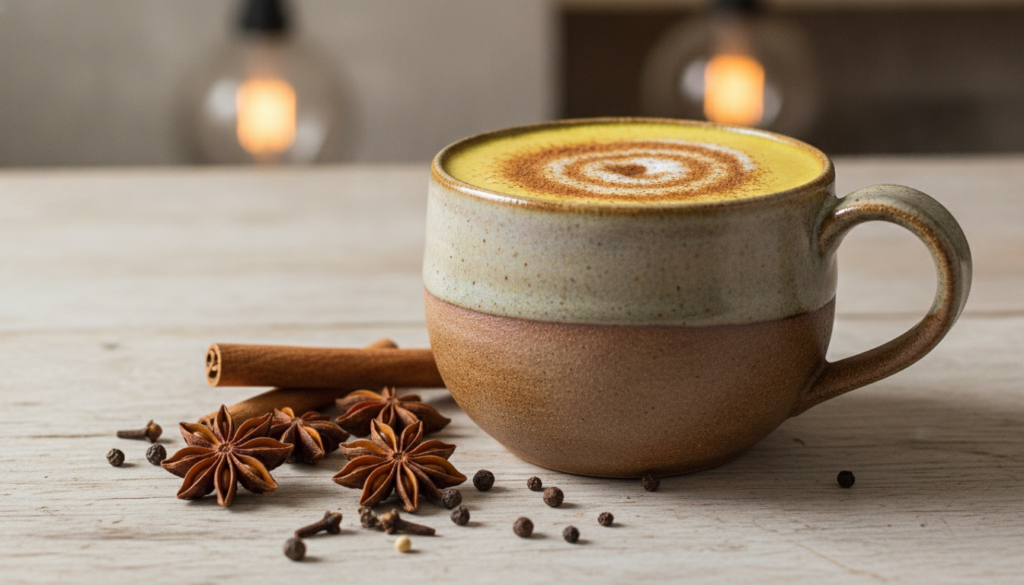 A golden-yellow turmeric latte in a rustic ceramic mug topped with a sprinkle of cinnamon next to a few whole spices lik