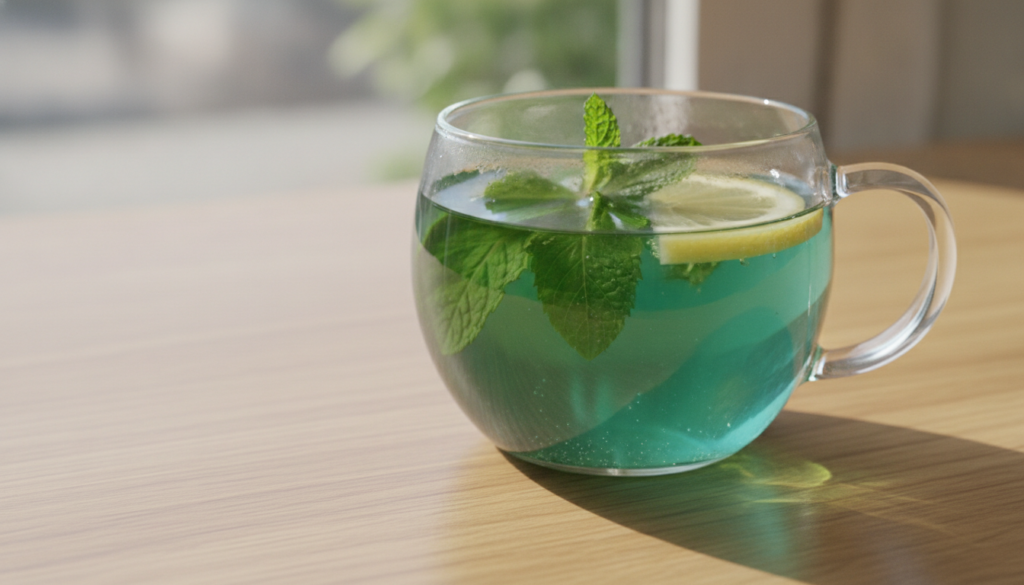 A glass teacup with vibrant green tea and fresh mint leaves possibly a slice of lemon on a clean light background The te