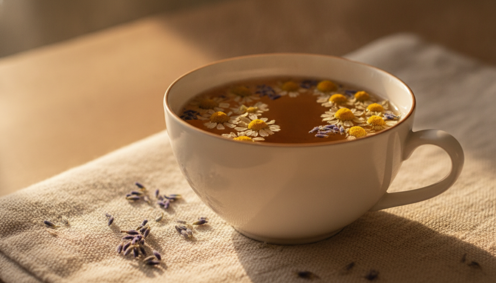 A serene teacup of chamomile lavender tea with dried chamomile flowers and lavender buds floating The setting is soft an