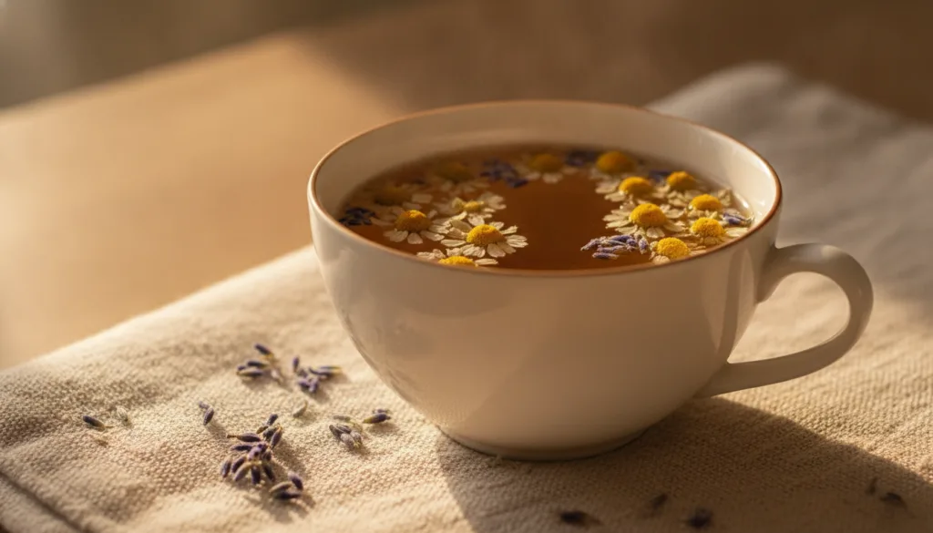 A serene teacup of chamomile lavender tea with dried chamomile flowers and lavender buds floating The setting is soft an