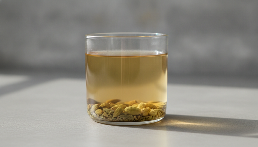 A transparent glass teacup filled with light amber digestive tea with whole cardamom pods and fennel seeds at the bottom