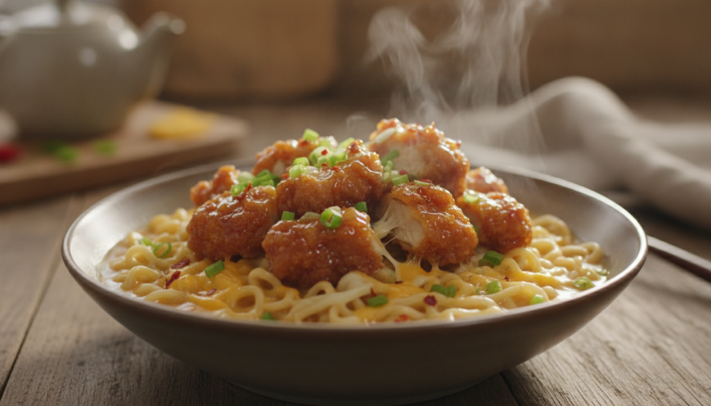 A vibrant bowl of Hot Honey Chicken Cheesy Ramen with golden fried chicken pieces coated in a glossy hot honey sauce nes