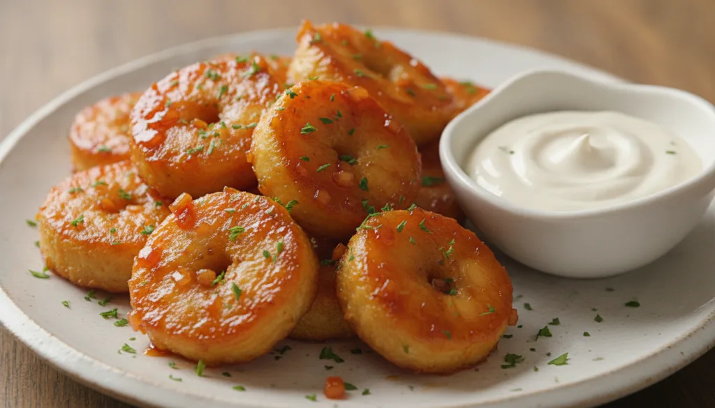 A plate of crispy golden-brown vegan shrimp pieces coated in a glossy reddish-orange hot honey sauce garnished with fres