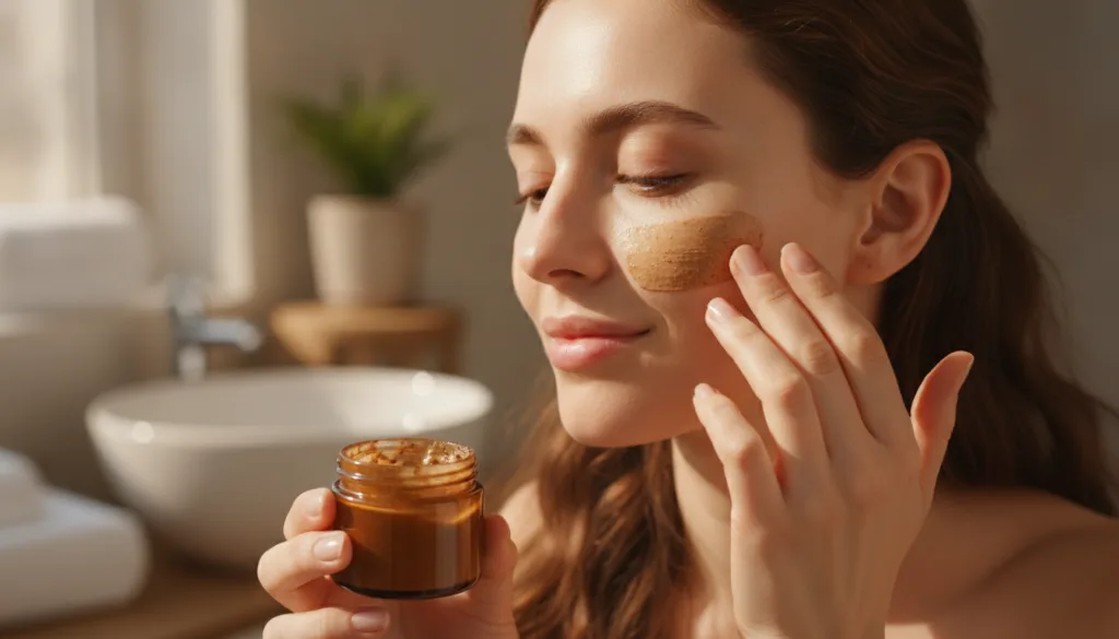 A woman gently applying a thin layer of the DIY coffee and Vaseline mask to her cheek her skin looking fresh and clear w