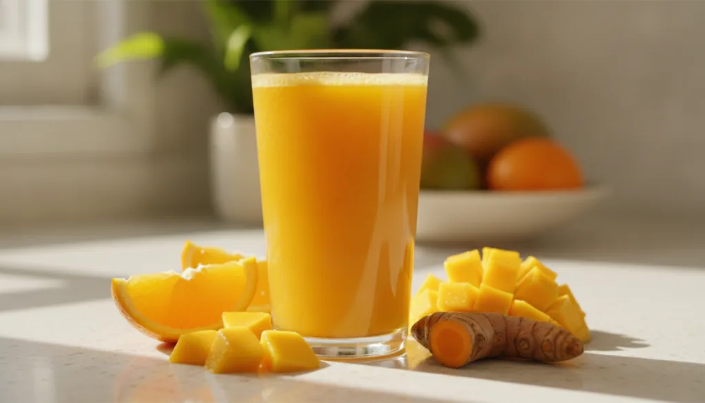 A tall clear glass of bright orange tropical juice with slices of orange mango chunks and a small piece of turmeric root