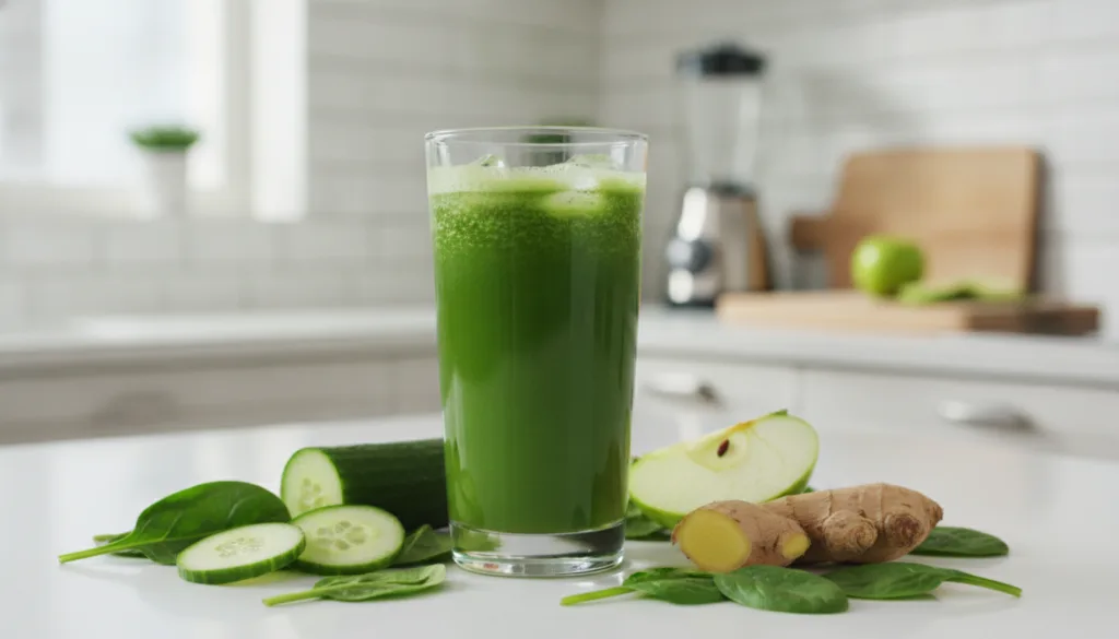 A tall clear glass of vibrant green detox juice with spinach leaves cucumber slices apple wedges and a piece of ginger r