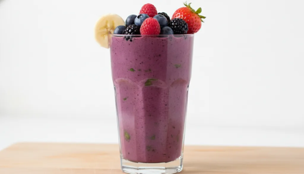 A glass of thick purple Berry Blast Smoothie garnished with fresh mixed berries and a small banana slice on the rim with