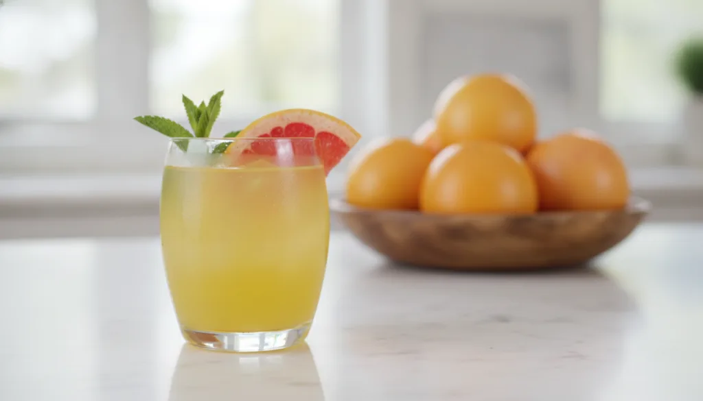 A tall clear glass of bright yellow citrus juice garnished with a grapefruit wedge and a fresh mint sprig with whole gra