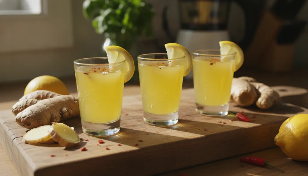 Three small shot glasses filled with a golden-yellow Zesty Ginger Power Shot garnished with thin lemon slices and a pinc