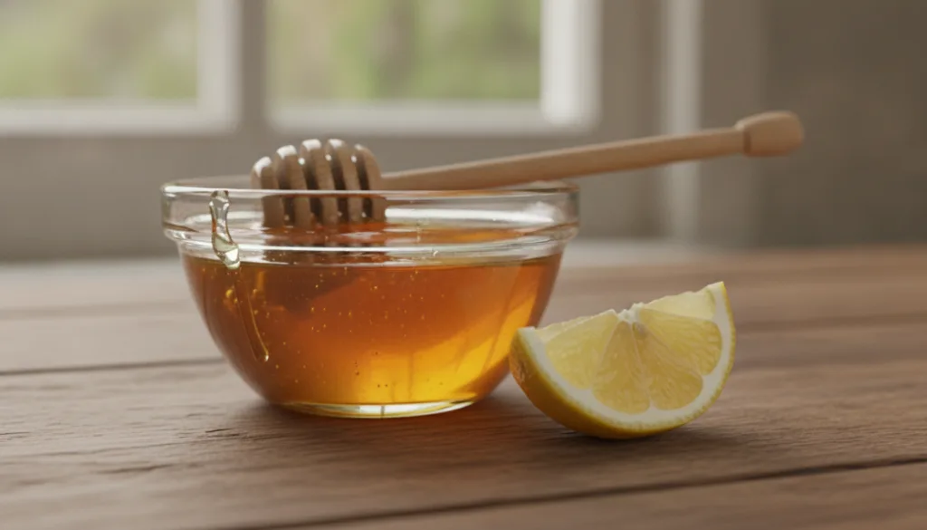 A small bowl of golden honey with a slice of fresh lemon ready to be mixed for a face mask on a rustic wooden table