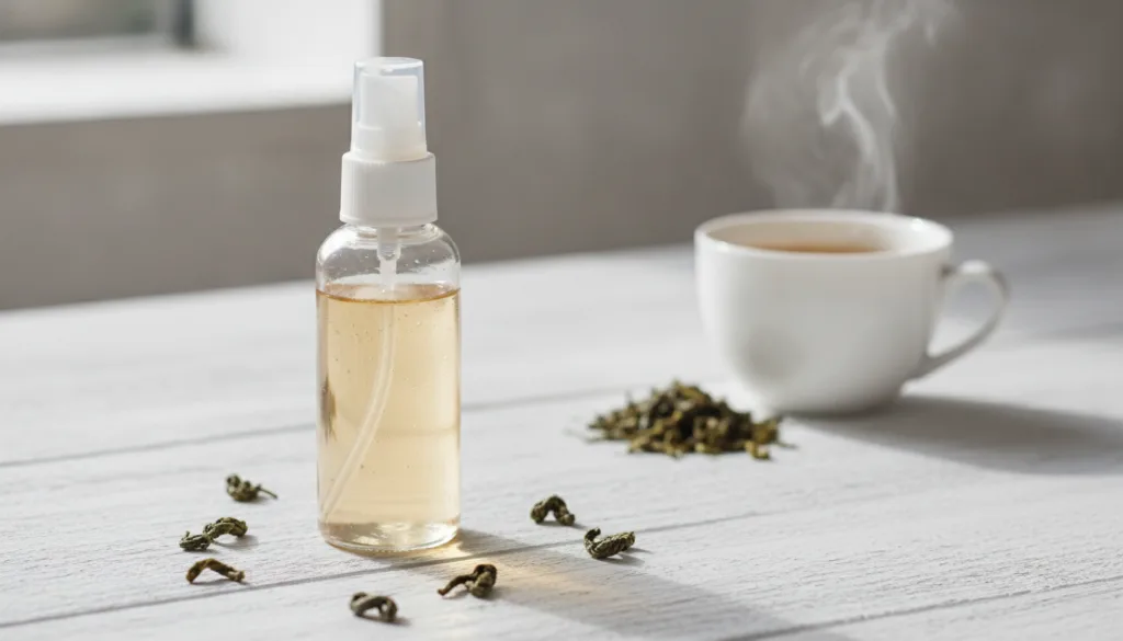 A clear glass bottle of homemade green tea toner with fresh green tea leaves and a brewed cup of green tea in the backgr