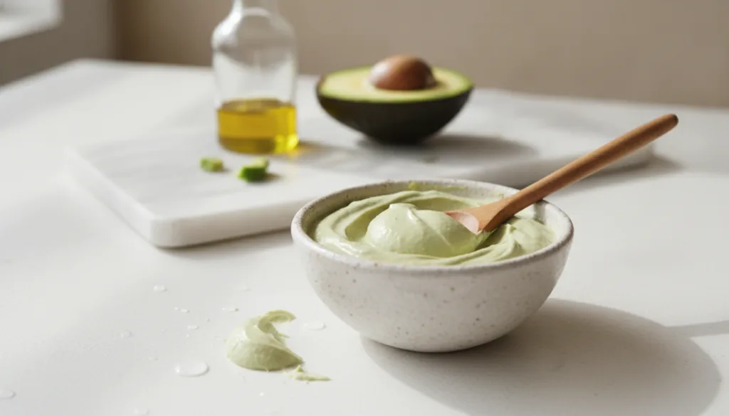 A creamy green avocado and olive oil face mask in a bowl with a half avocado and a drizzle of olive oil in the backgroun