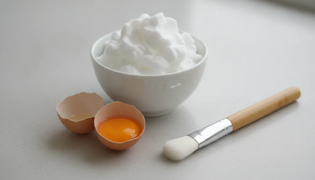 A small bowl of whisked egg white next to a cracked egg with a small brush for application on a minimalist background
