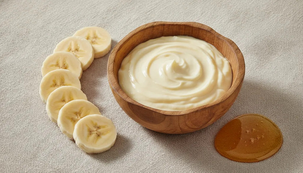 A creamy banana face mask in a bowl with a ripe banana slice and a few drops of honey on the side on a light textured su
