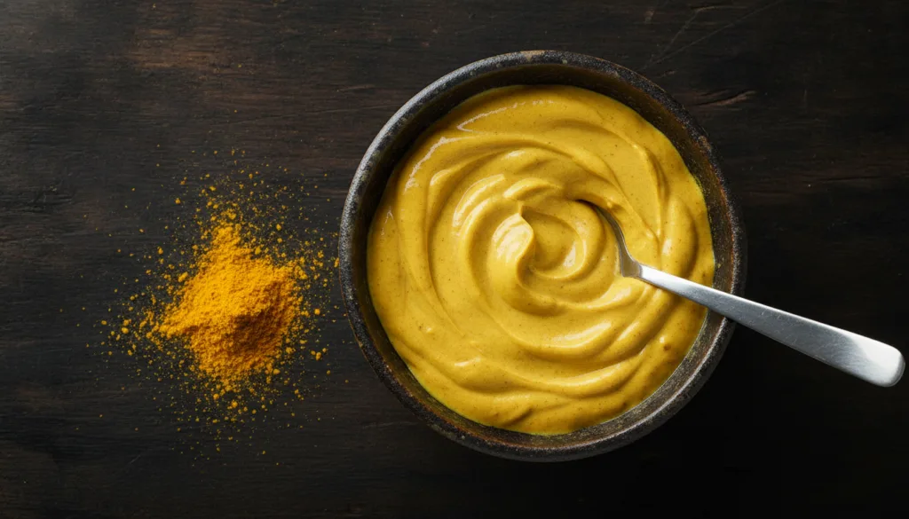A vibrant yellow turmeric and yogurt mask in a small bowl with a spoon and a sprinkle of turmeric powder next to it on a
