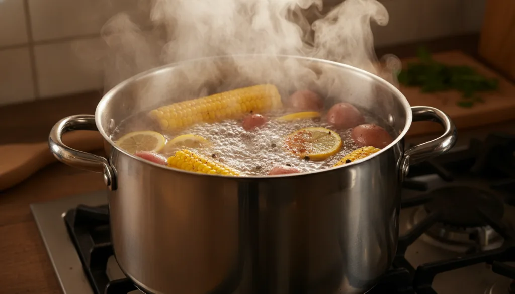 A large pot of boiling water infused with spices lemons corn and baby potatoes cooking on a stove Steam rises from the p