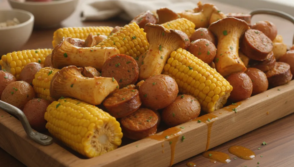 A large platter overflowing with a colorful vegan shrimp boil featuring king oyster mushrooms corn on the cob baby potat
