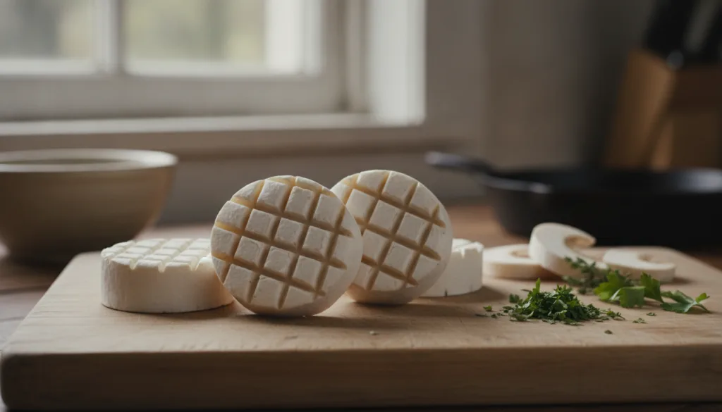 King oyster mushroom stems sliced into rounds with a crosshatch pattern scored on their surface resembling shrimp ready 