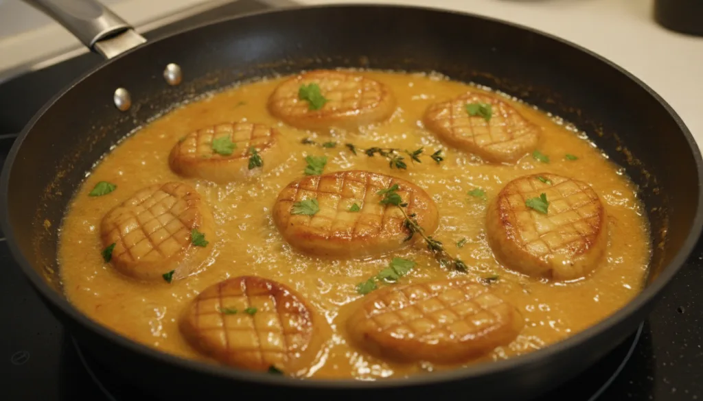 A close-up shot of a rich golden-orange vegan butter sauce simmering in a large skillet with sliced king oyster mushroom