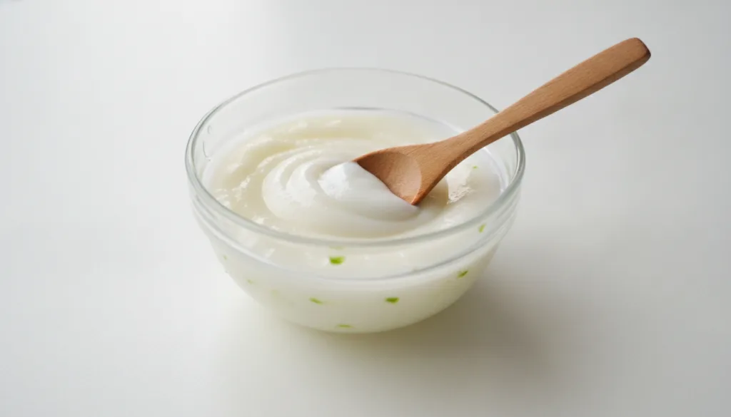 A close-up of a small glass bowl containing a mixture of Vaseline and fresh lime juice being stirred with a tiny wooden 