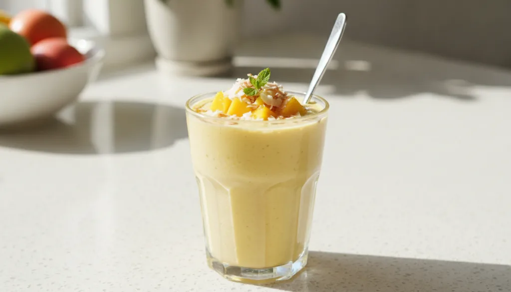 A clear glass filled with a creamy yellow mango and coconut oat smoothie garnished with a slice of fresh mango and a spr
