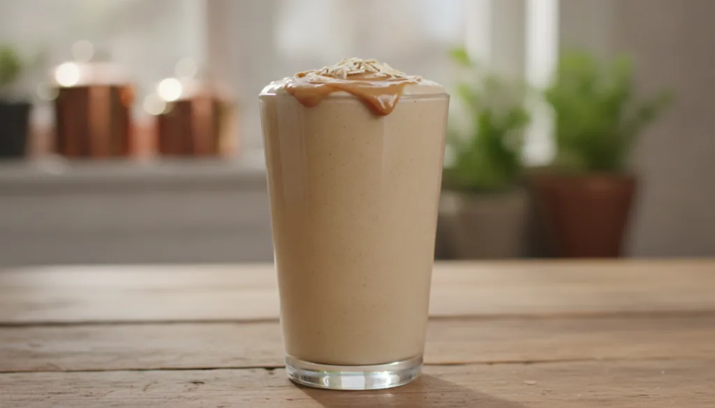 A thick creamy light brown banana peanut butter oat smoothie in a clear glass topped with a drizzle of peanut butter and