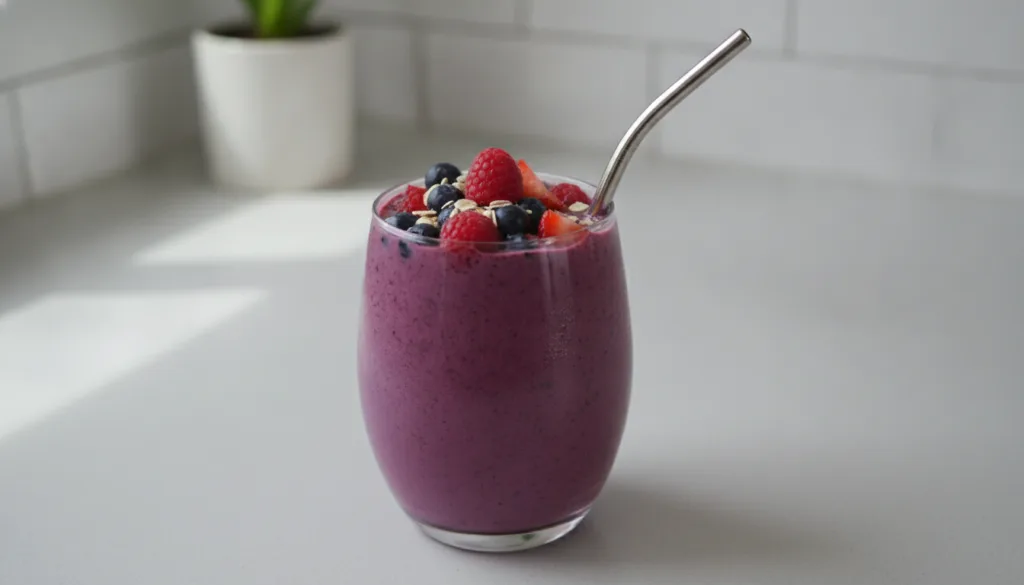 A vibrant purple berry blast oat smoothie in a clear glass topped with a few fresh mixed berries and a sprinkle of oats 
