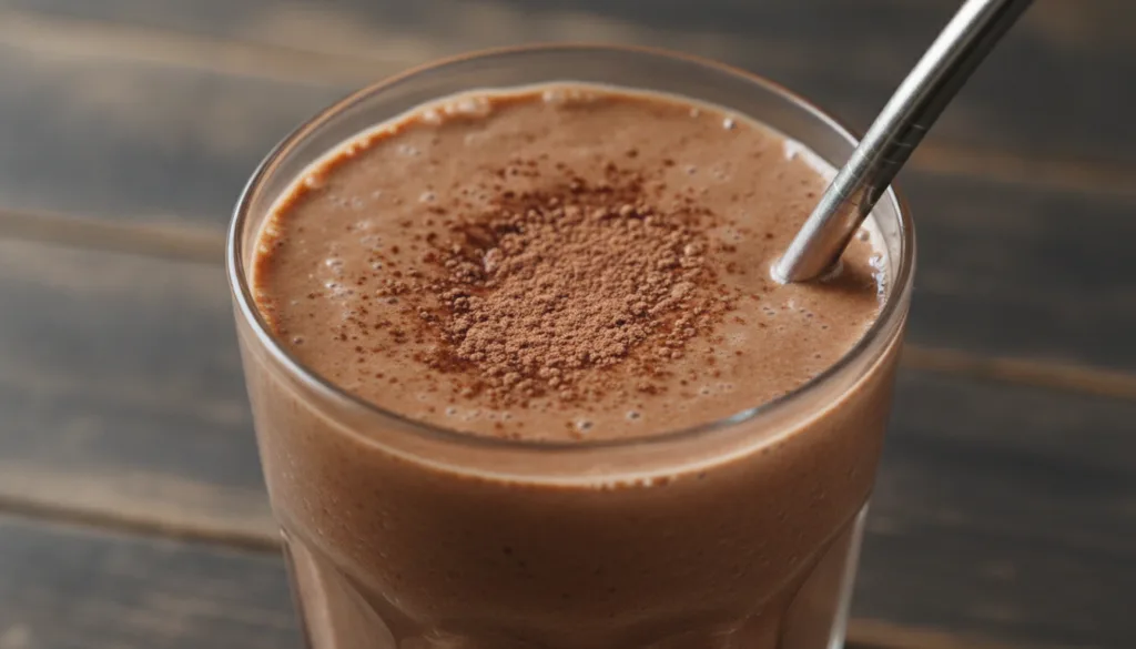 A rich brown chocolate almond oat smoothie in a clear glass topped with a dollop of whipped cream optional and a sprinkl