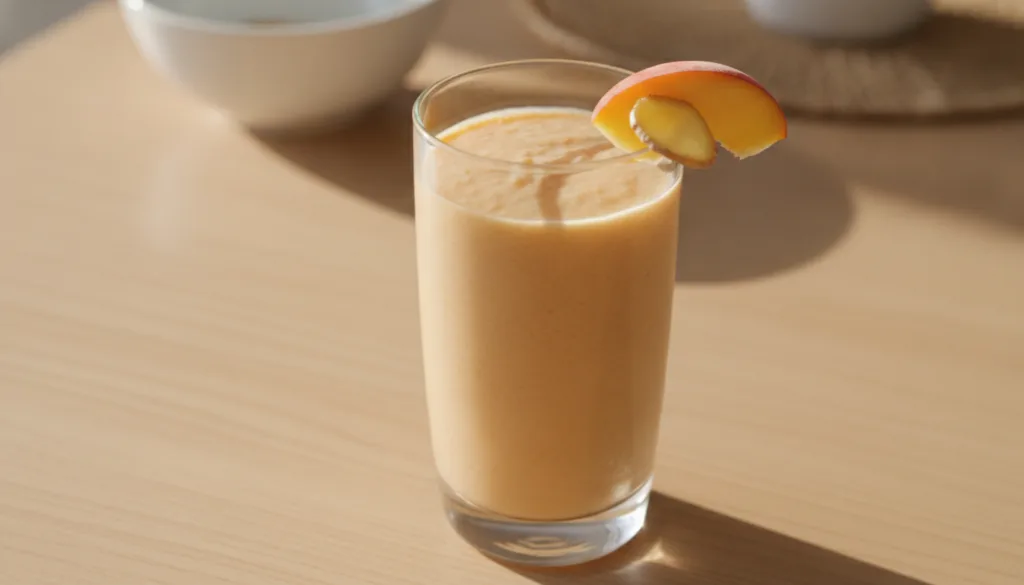 A light orange peach and ginger oat smoothie in a clear glass garnished with a thin slice of fresh peach and a tiny sliv