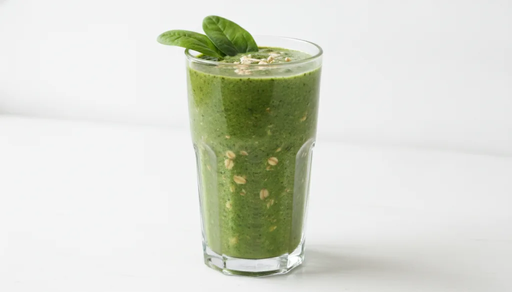 A vibrant green spinach and oat smoothie in a clear glass with a swirl of green from the spinach and visible oat specks 