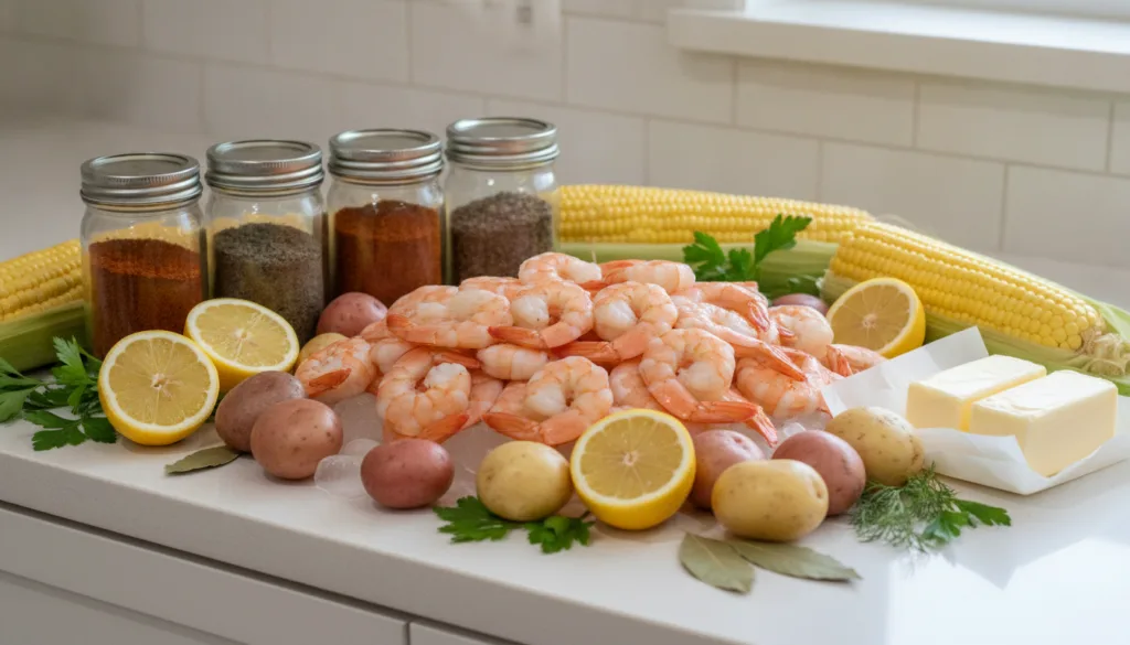 All the fresh ingredients for a shrimp boil including raw shrimp corn potatoes lemons seasonings and butter laid out on 
