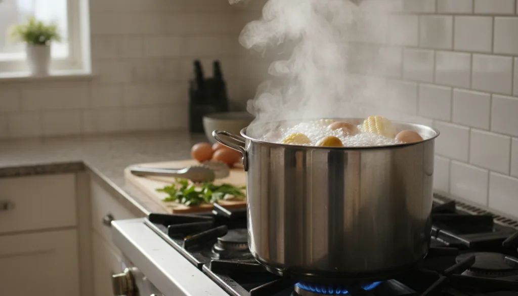 A large stockpot with water boiling vigorously containing baby potatoes corn and eggs with steam rising