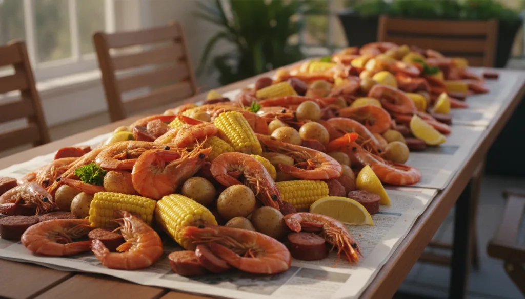A large vibrant shrimp boil spread out on a newspaper-lined table piled high with shrimp corn potatoes sausage and lemon