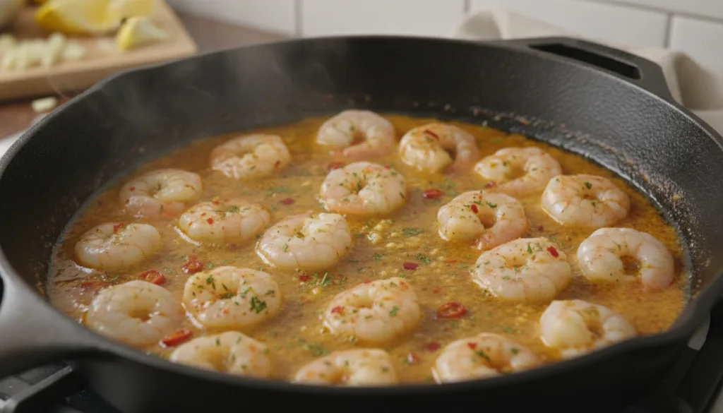 Raw shrimp turning pink and cooking in a rich bubbling butter sauce with garlic and spices in a large skillet