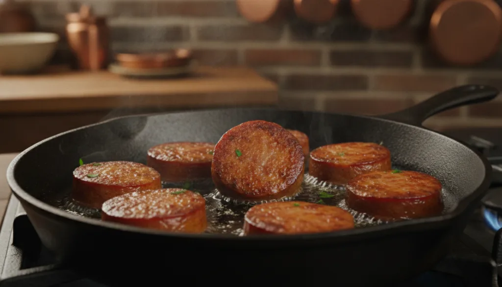 Sliced andouille sausage sizzling and browning in a hot skillet