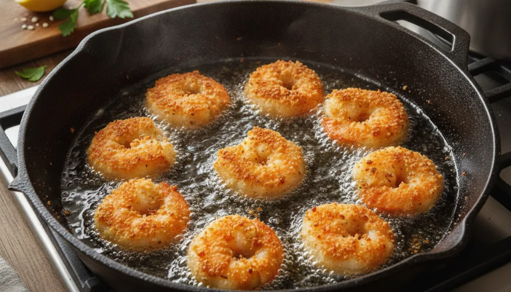 Crispy breaded shrimp frying in hot oil in a cast iron skillet