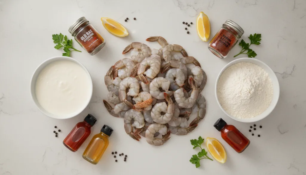 A flat lay of all the ingredients for hot honey fried shrimp including shrimp buttermilk flour spices honey and hot sauc