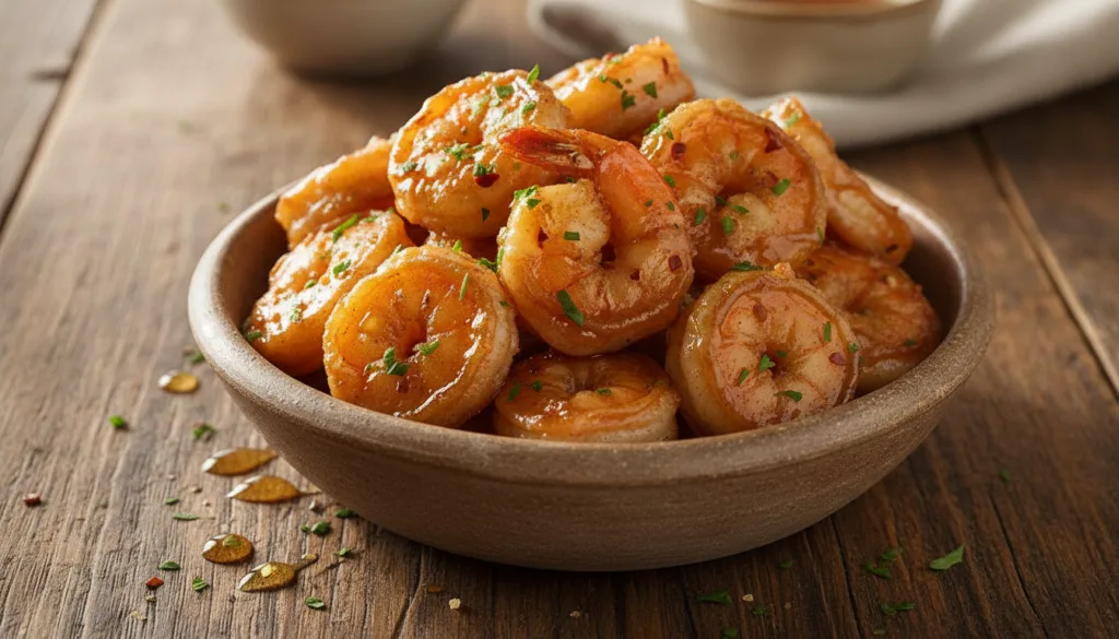 A serving of crispy hot honey fried shrimp in a rustic bowl garnished with fresh parsley