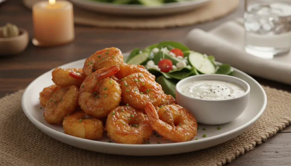 A complete meal of hot honey fried shrimp served with a side of creamy ranch dip and a crisp green salad