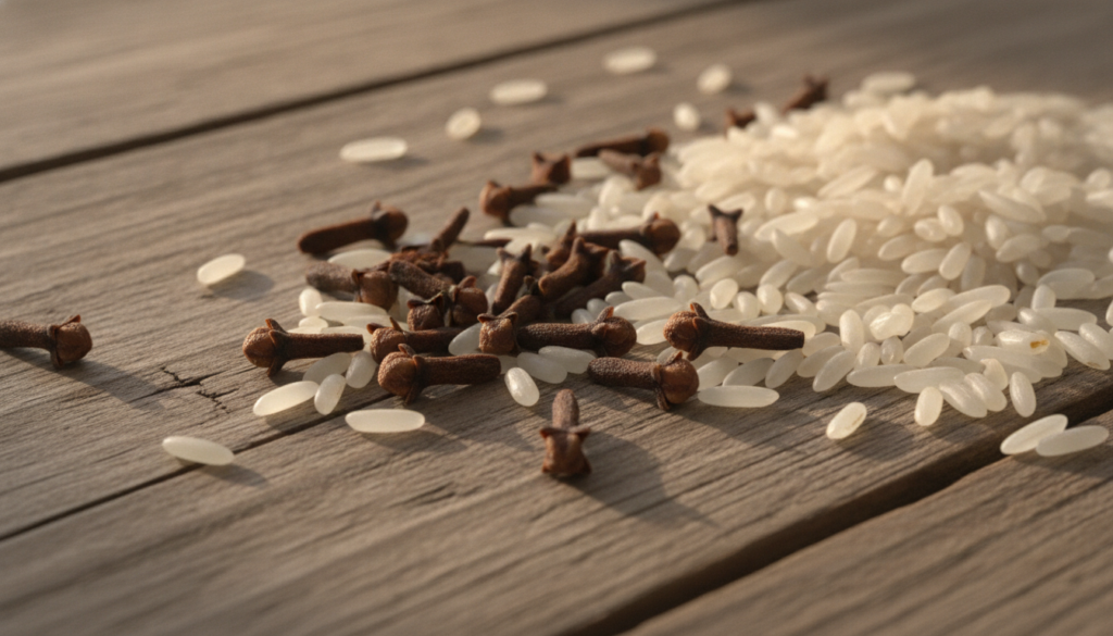 Close-up of whole cloves and white rice grains on a wooden surface highlighting their natural beauty