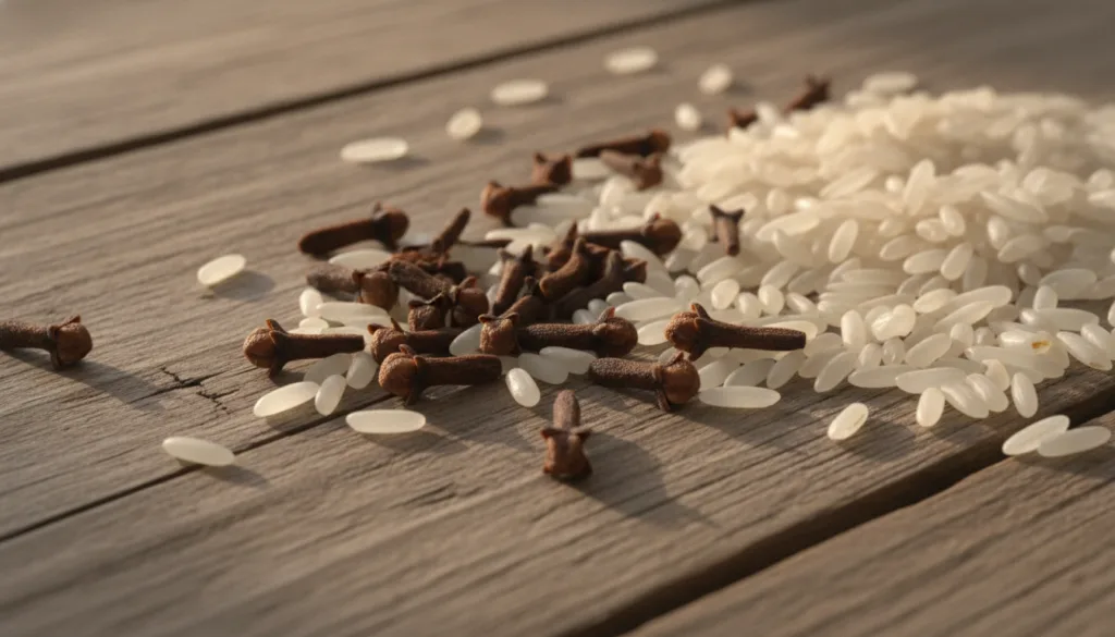 Close-up of whole cloves and white rice grains on a wooden surface highlighting their natural beauty