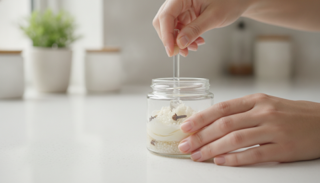 A person s hands gently stirring a mixture of Vaseline baby oil crushed rice and whole cloves in a small glass jar