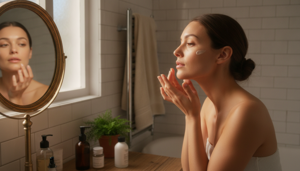 A woman gently applying a small amount of the Vaseline lime and clove mixture to her cheek with her fingertips looking i