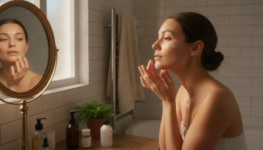 A woman gently applying a small amount of the Vaseline lime and clove mixture to her cheek with her fingertips looking i