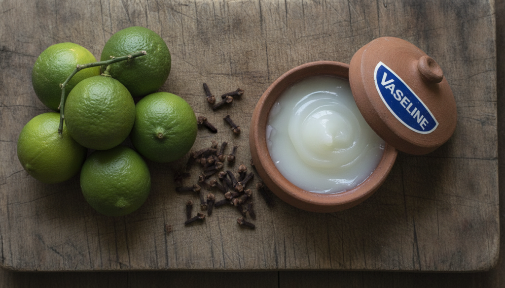 A flat lay of fresh limes whole cloves and a small open container of Vaseline petroleum jelly on a rustic wooden surface